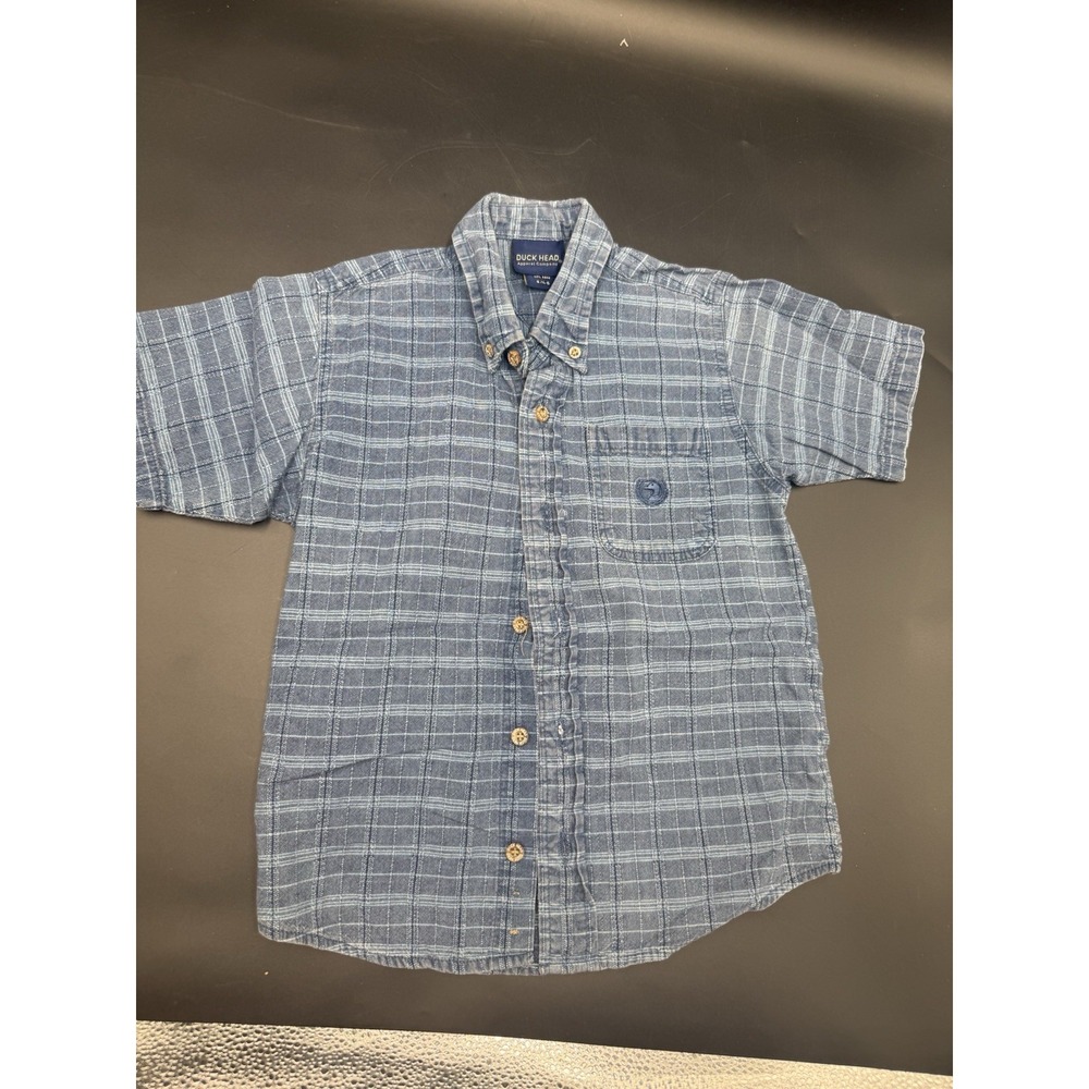 Boys Duck Head button up shirt size 4/5 Vintage Short sleeve Blue & White plaid